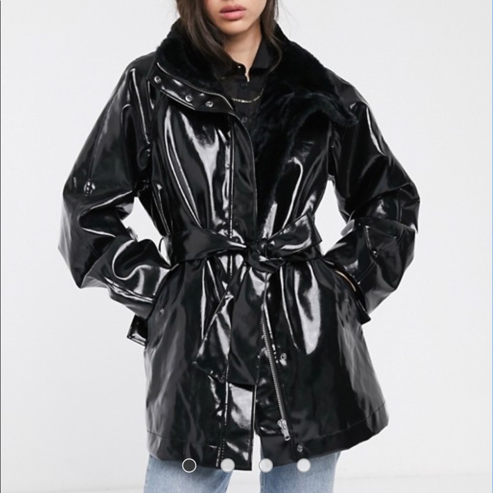 Weekday vinyl faux fur-lined belted coat in black